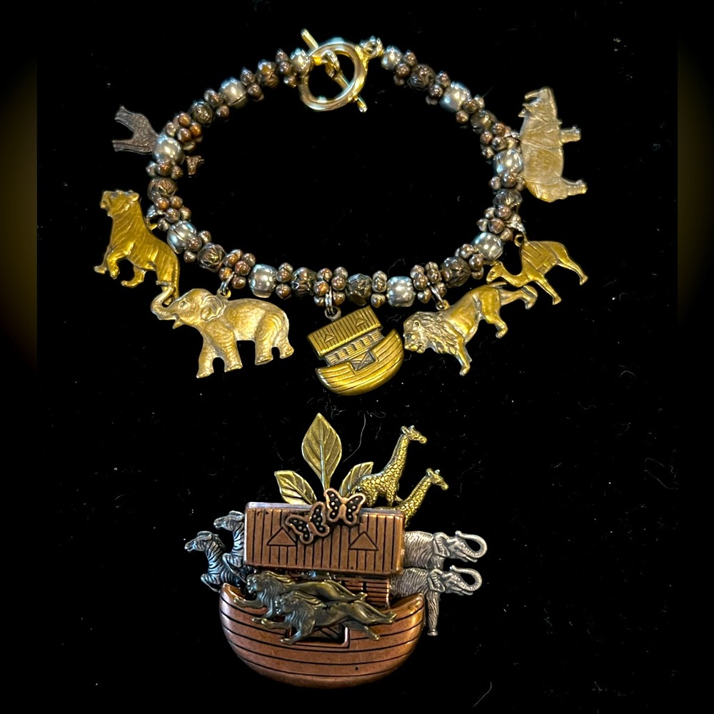 Vintage Multi Metal Biblical Noah’s Ark Brooch Pin And Charm Bracelet